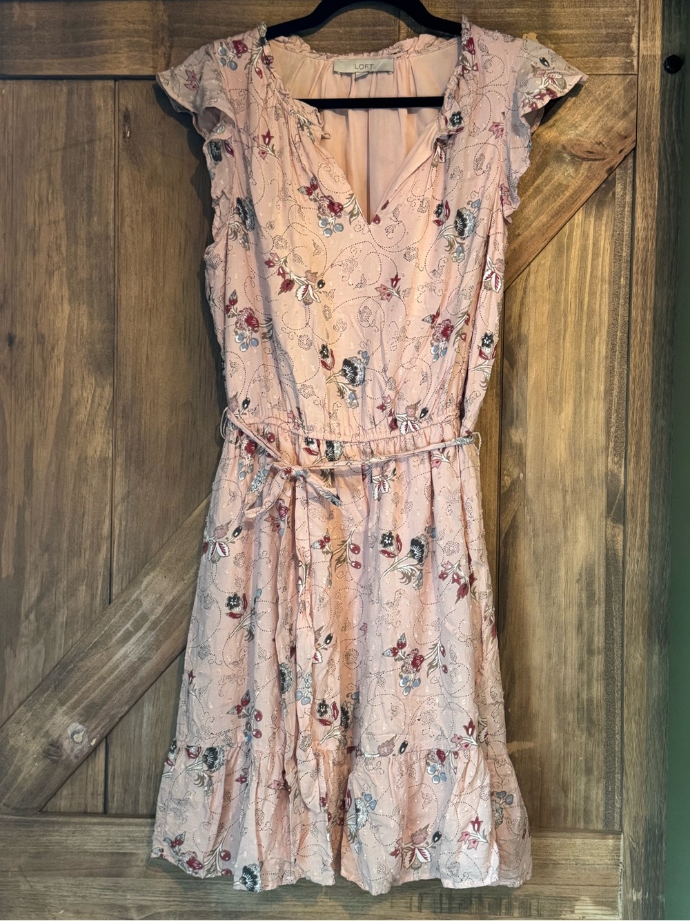 LOFT Blush Pink Floral V-Neck Belted Dress